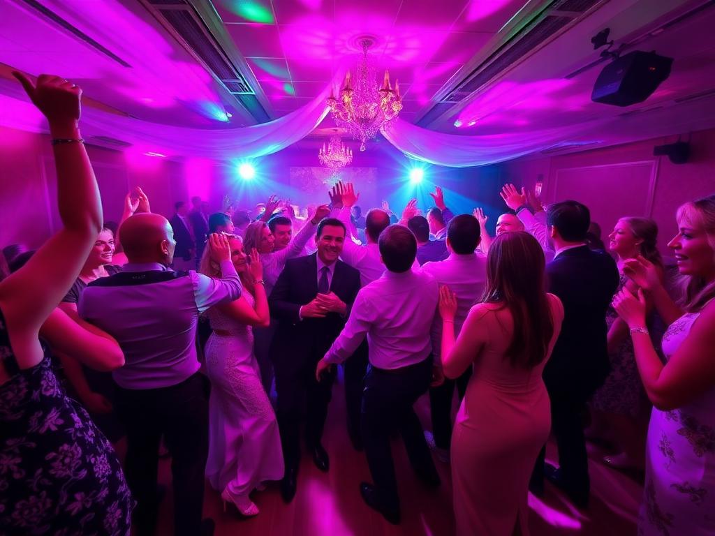 Wedding DJ Dublin with dancefloor lighting and guests dancing at elegant reception